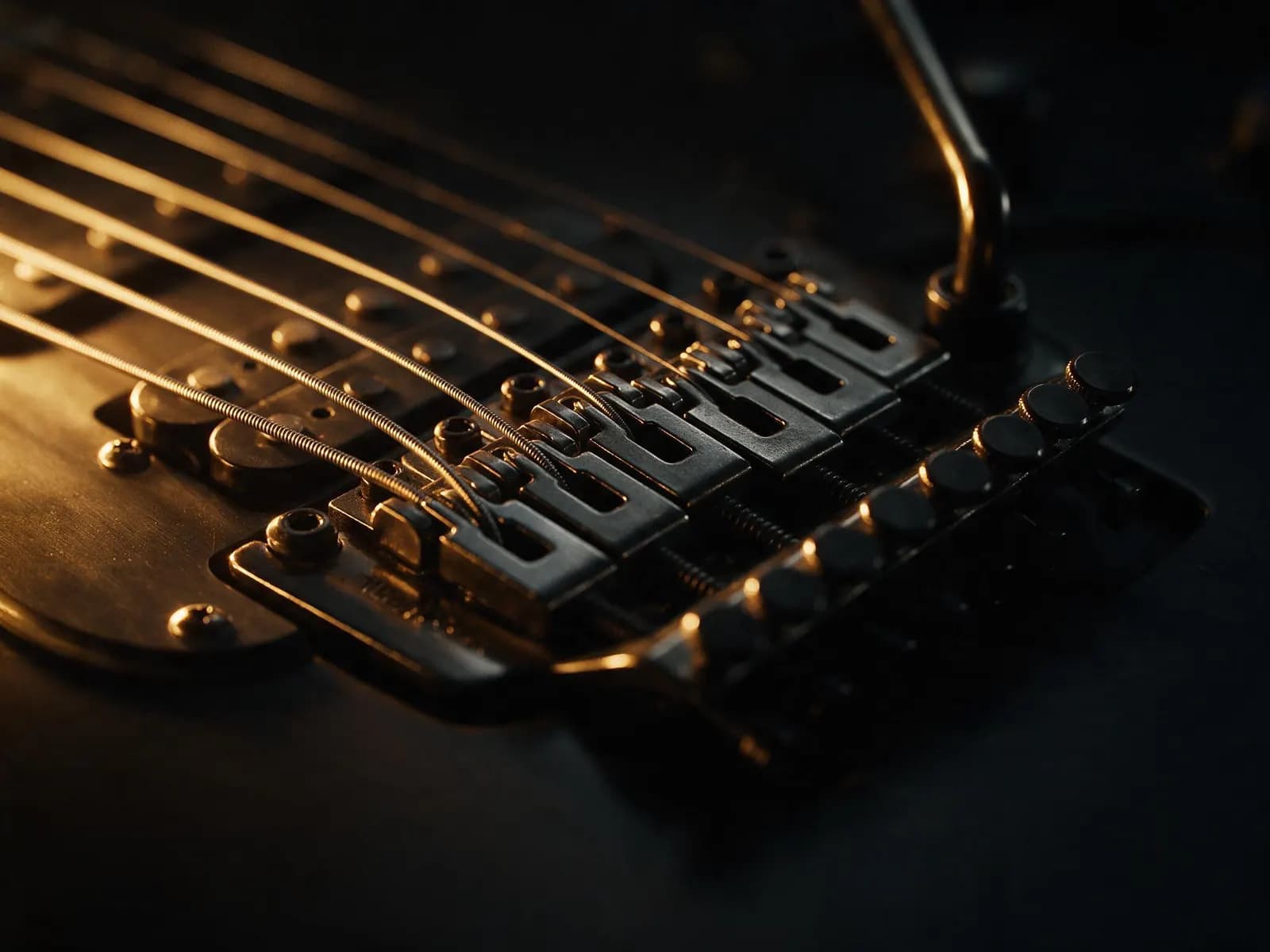 Primer plano del puente y los sillines de una guitarra eléctrica, donde la cuerda hace contacto.